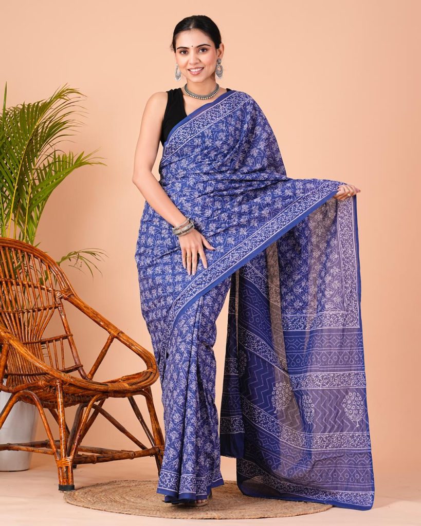 Sapphire Blue Jaipuri Block Print Saree