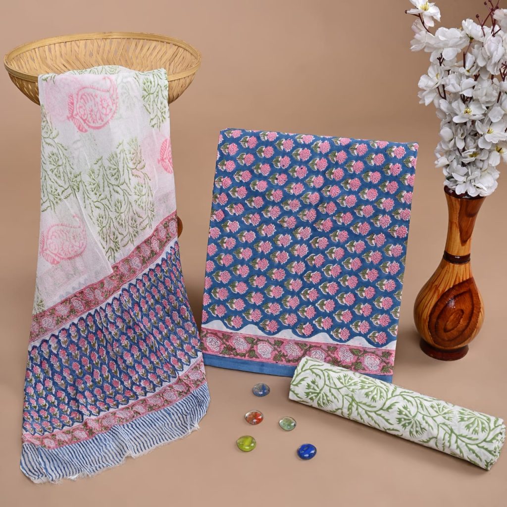 Pink and Blue Floral Cotton Suit – Chic Summer Unstitched Attire
