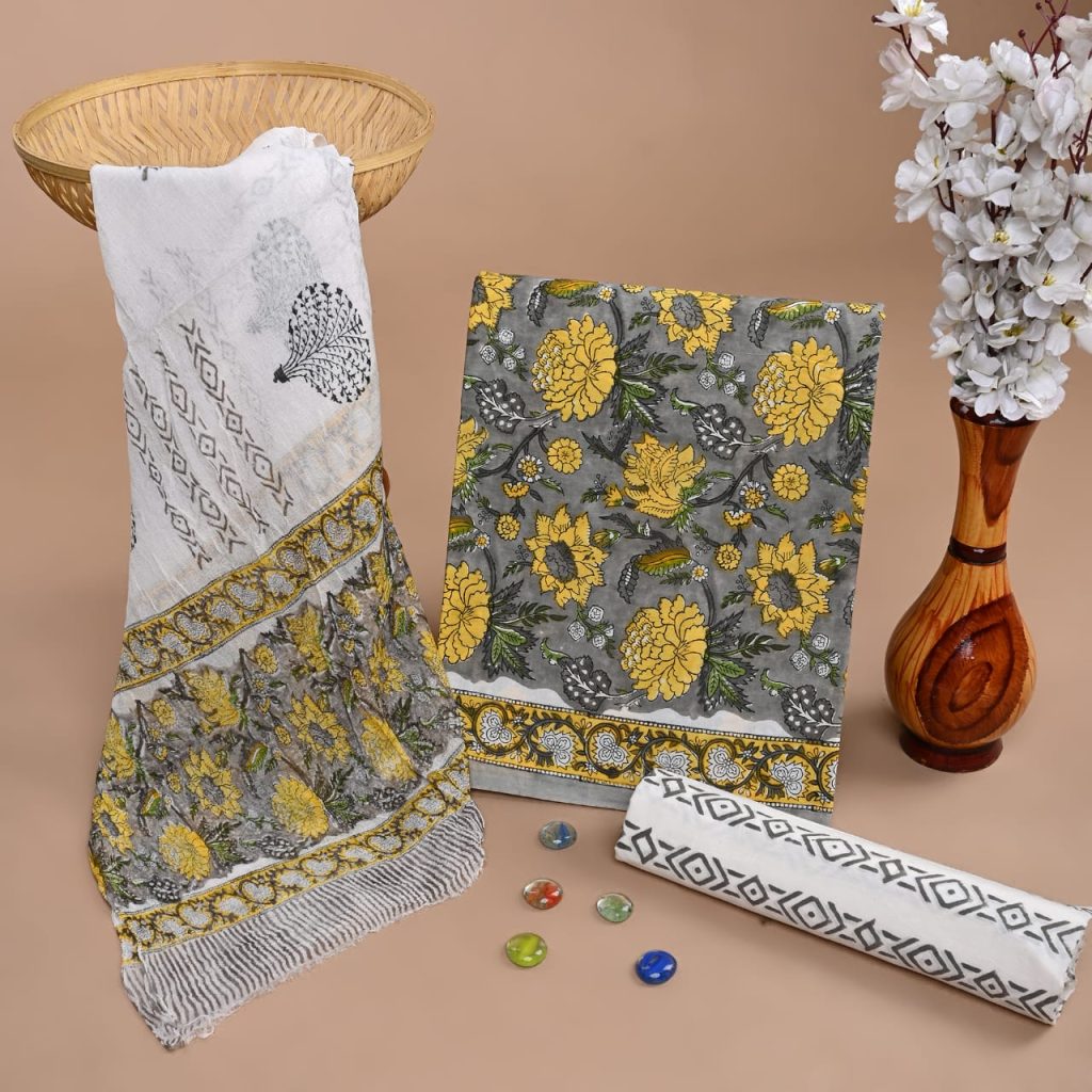 Yellow and Grey Floral Cotton Suit – Summers Hand Block Allure