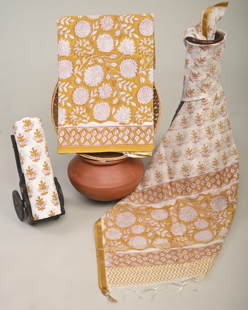 Elegant Golden Yellow Summer Cotton Suit with Hand Block Floral Print