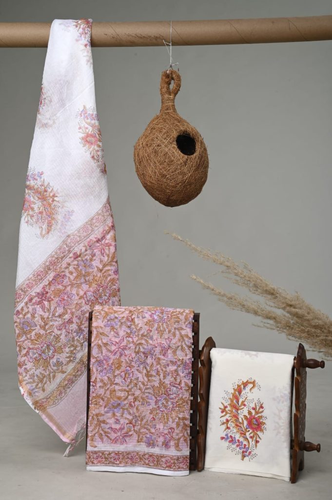 Pink Blossom Hand Block Print Kota Doria Dress Material - Unstitched Summer Special
