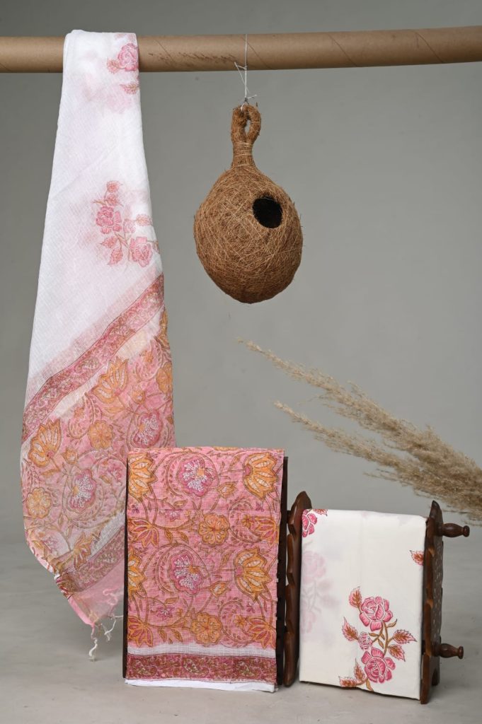Radiant Rose Hand Block Print Kota Doria Fabric - Summers Unstitched Luxury