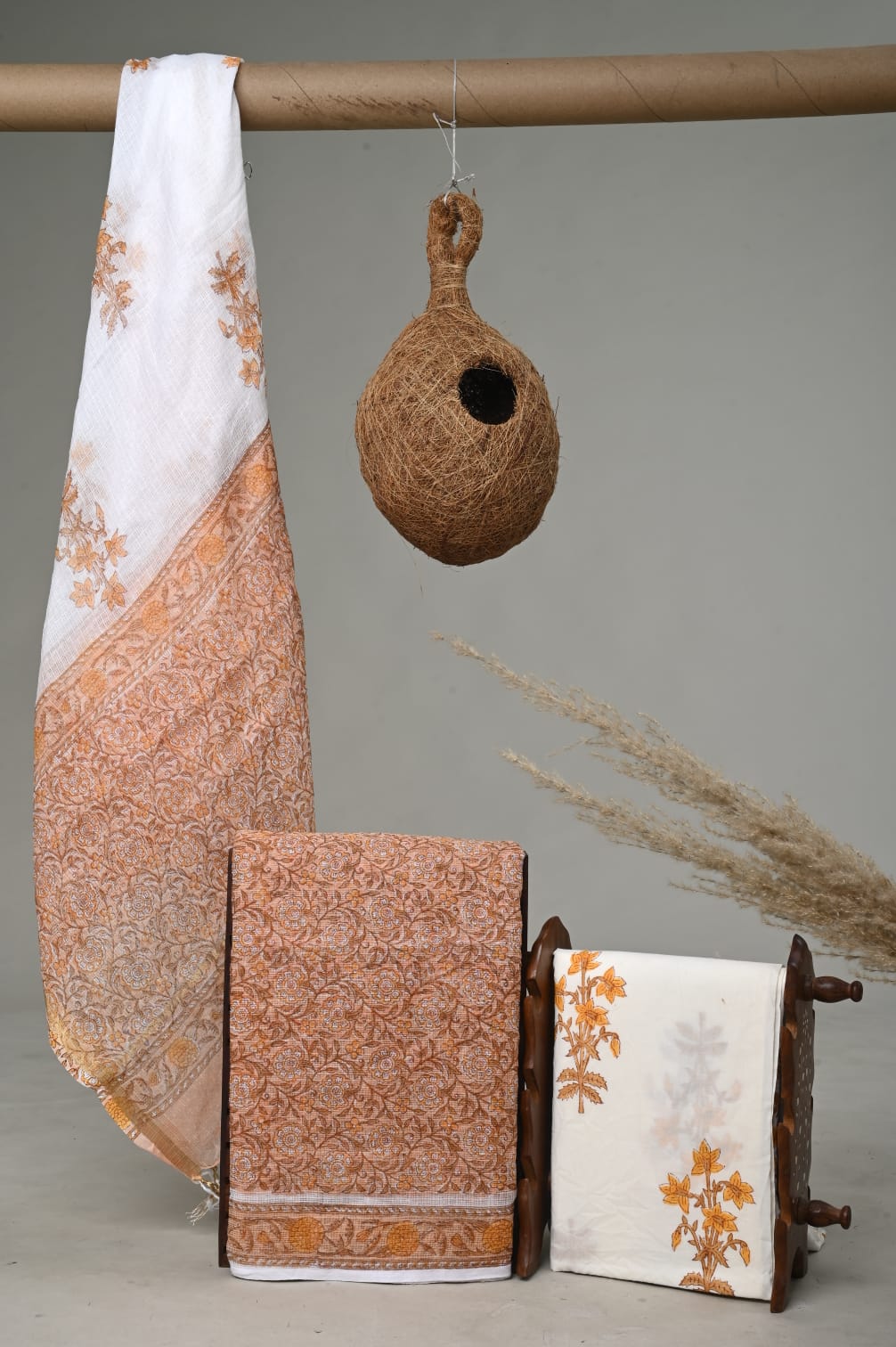Autumn Orange Floral Block Print Kota Doria Material – Unstitched Chic Summer Wear