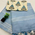 Sky Blue Linen Saree | Floral Elegance in Daily FashionSky Blue Linen Saree Floral Elegance in Daily Fashion