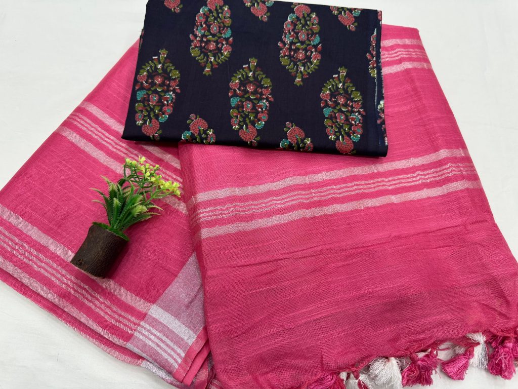 Pink Striped Linen Saree Traditional Floral Printed Daily Wear
