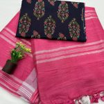Pink Striped Linen Saree Traditional Floral Printed Daily Wear