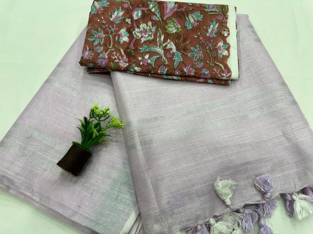 Lavender Linen Saree Leaf Motif Hand Block Printed Elegance