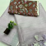 Lavender Linen Saree Leaf Motif Hand Block Printed Elegance