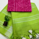 Vivid Green Bandhani Print Linen Saree Versatile Daily Attire