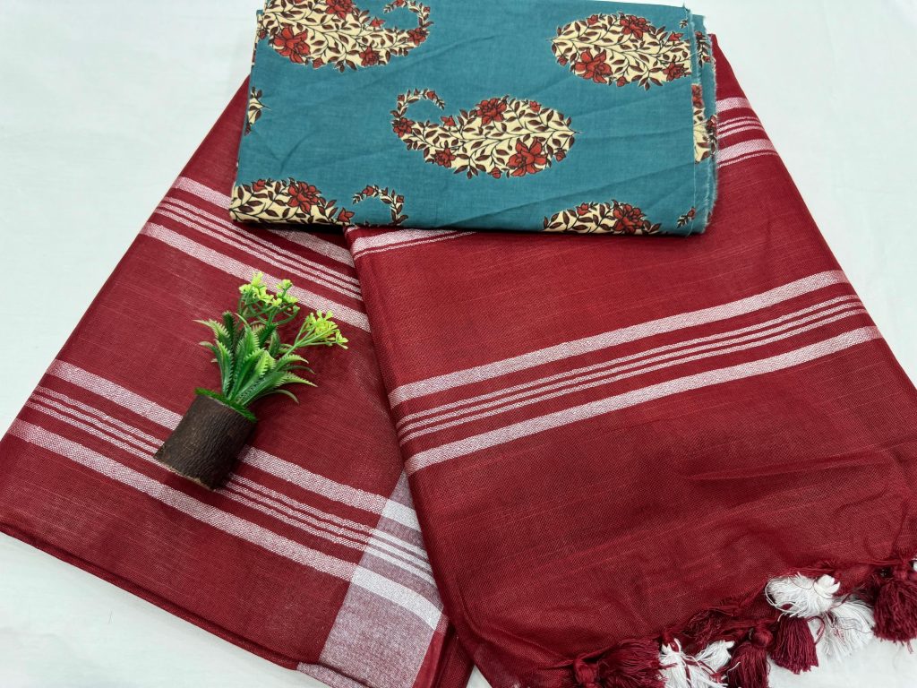 Classic Red Striped Linen Saree Authentic Daily Wear Elegance