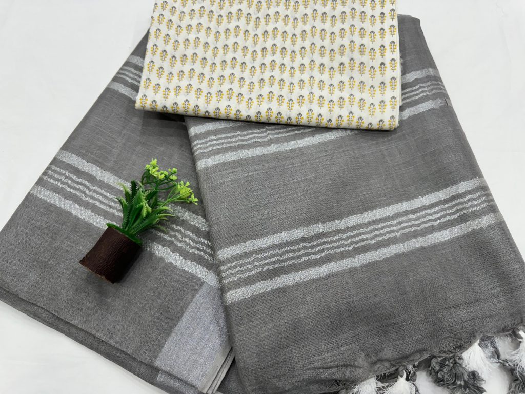 Grey Linen Saree with Silver Stripes Sophisticated Daily Wear