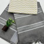 Grey Linen Saree with Silver Stripes Sophisticated Daily Wear