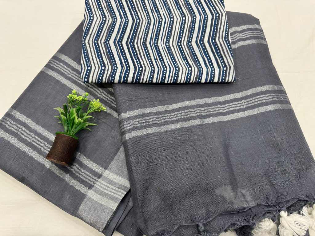 Sleek Grayish Blue Striped Linen Saree Contemporary Daily Chic