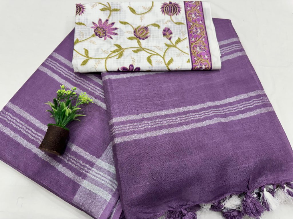 Lavender Floral Paisley Linen Saree Lightweight Comfort Daily Wear