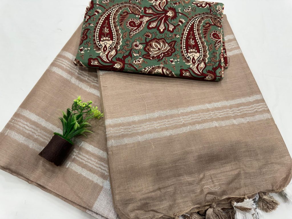 Taupe Linen Saree Traditional Block Print Everyday Elegance