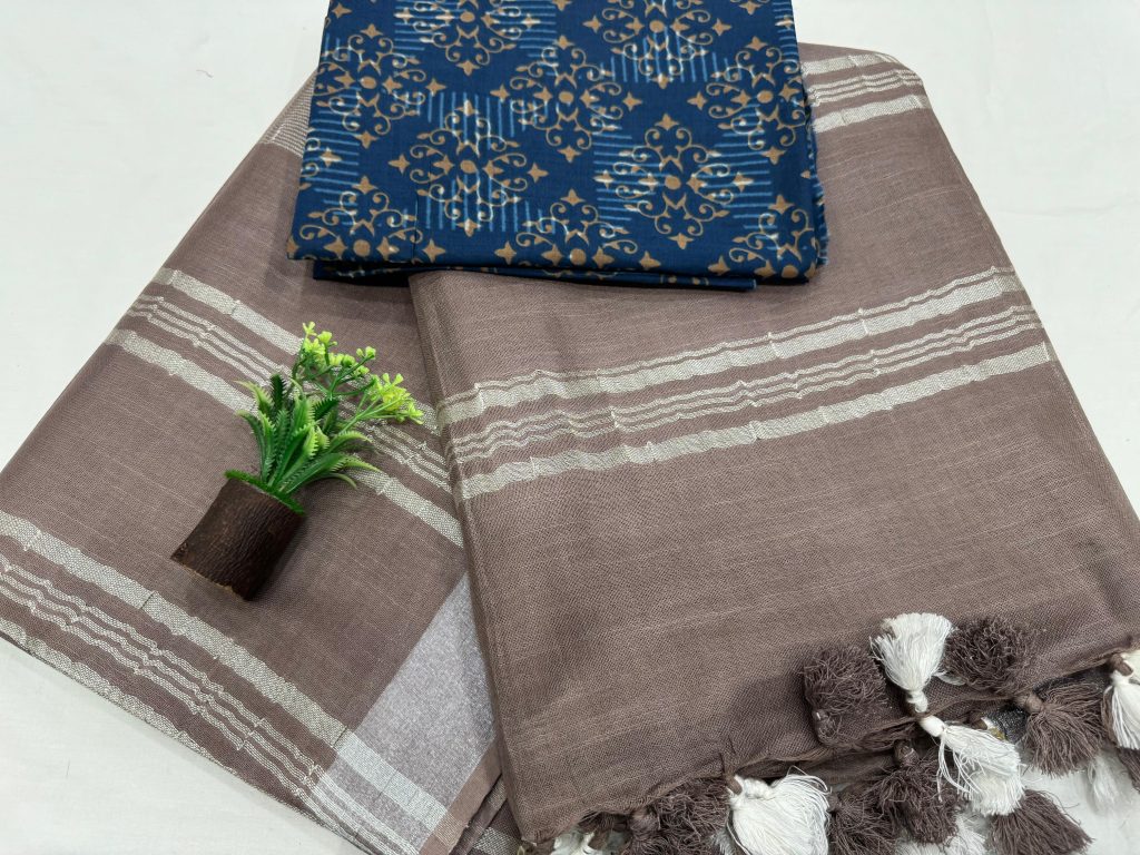 Charcoal Linen Saree Silver Detailing for Sophisticated Style