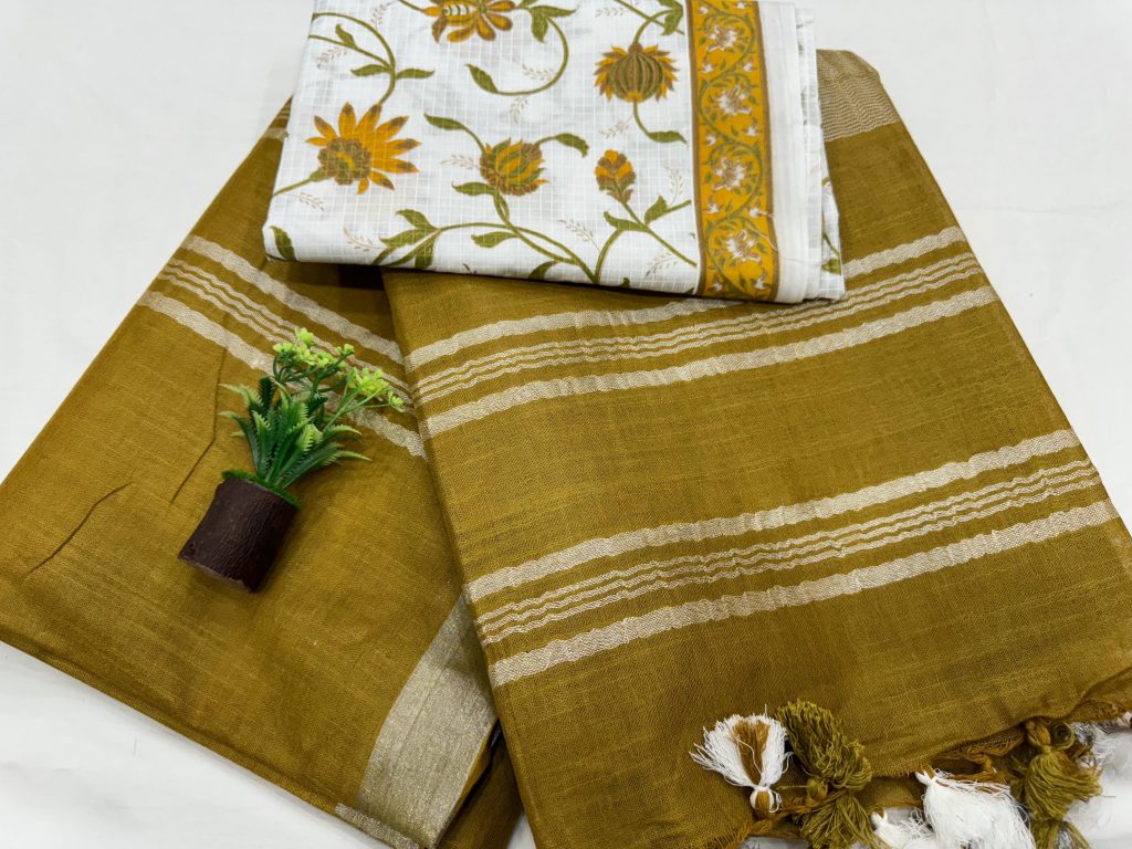 Olive Linen Saree with Floral Print Comfort Meets Style
