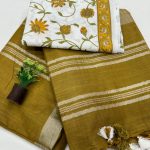 Olive Linen Saree with Floral Print Comfort Meets Style