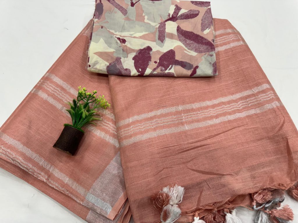 Pale Coral Linen Saree Modern Stripes for a Trendy Touch