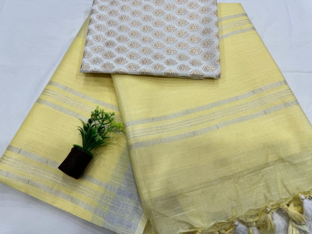 Sun-Kissed Yellow Linen Saree with Floral Block Print for Radiant Elegance