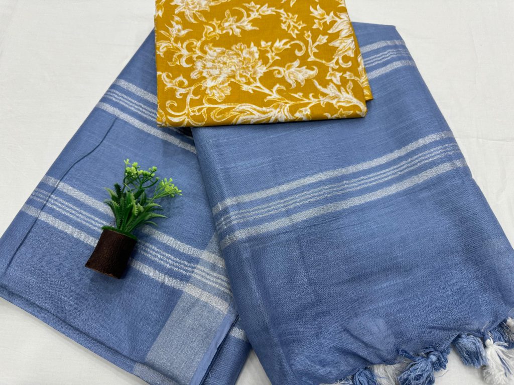 Serene Blue Linen Saree with Hand Block Print for Casual Sophistication
