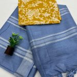 Serene Blue Linen Saree with Hand Block Print for Casual Sophistication