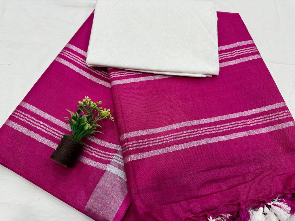 Vibrant Magenta Linen Saree with Elegant Stripes for a Chic Statement