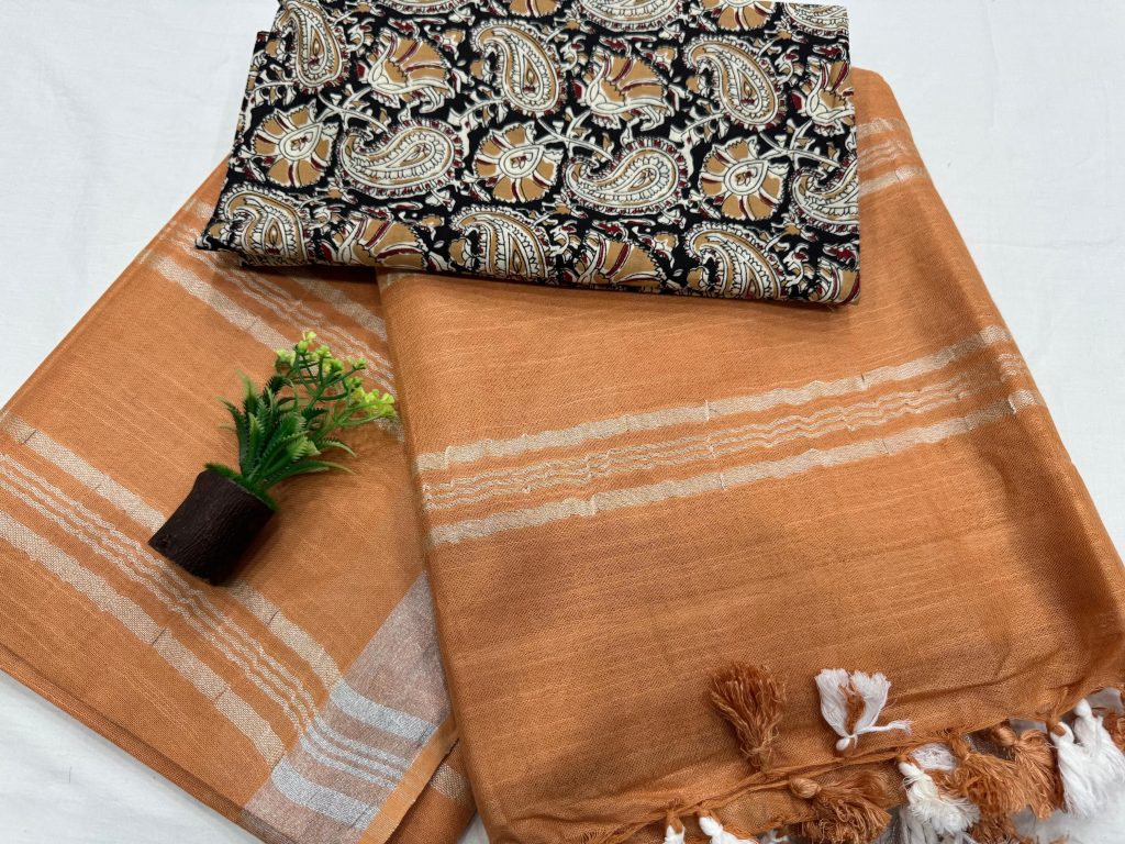 Earthy Terracotta Linen Saree with Striped Block Print for Timeless Appeal