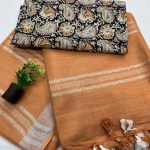 Earthy Terracotta Linen Saree with Striped Block Print for Timeless Appeal