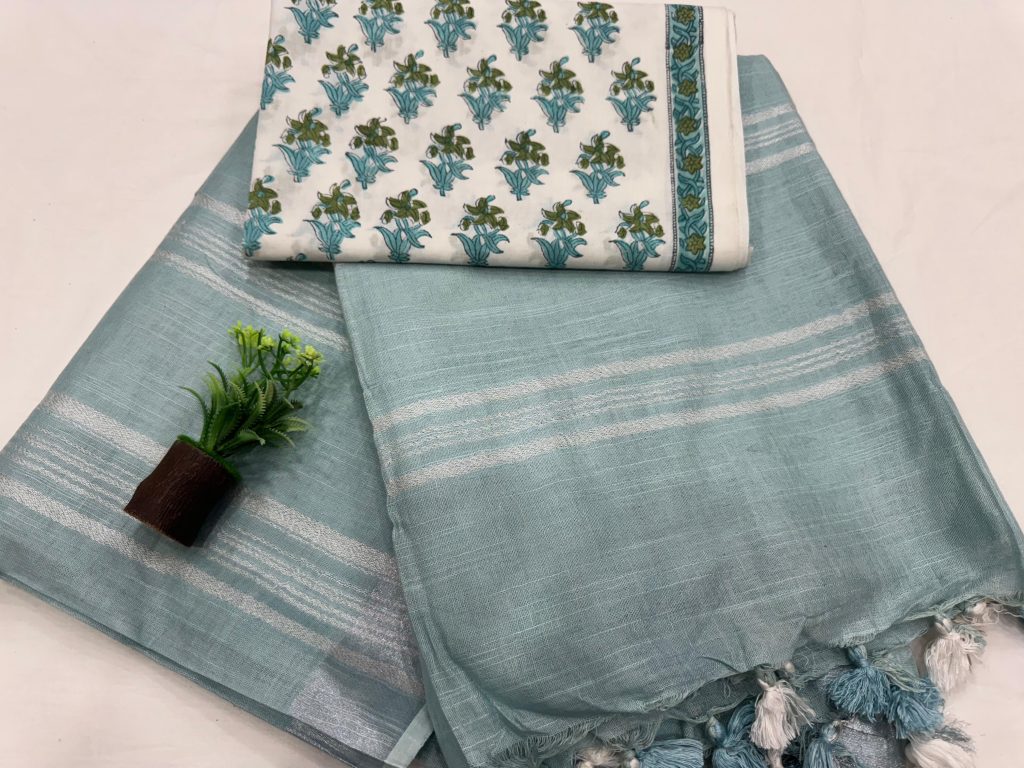 Cool Aqua Linen Saree with Tropical Block Print for Effortless Elegance