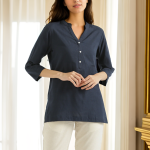 Classic Navy Blue Linen Kurta – Sleek Design with Mandarin Collar