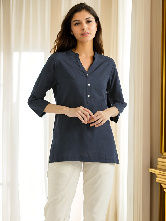 Classic Navy Blue Linen Kurta - Sleek Design with Mandarin Collar