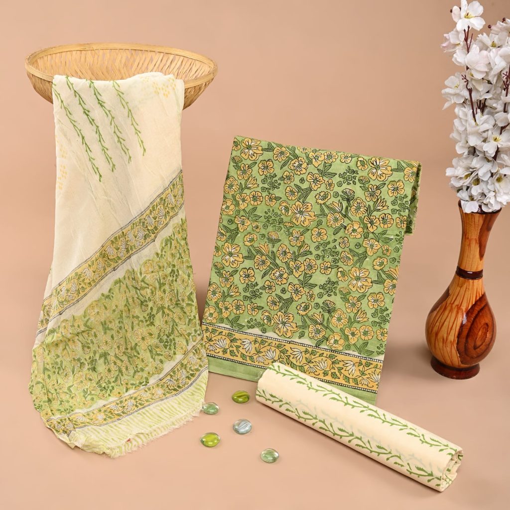 Green Summer Cotton Salwar Suit – Unstitched Hand Block Delight