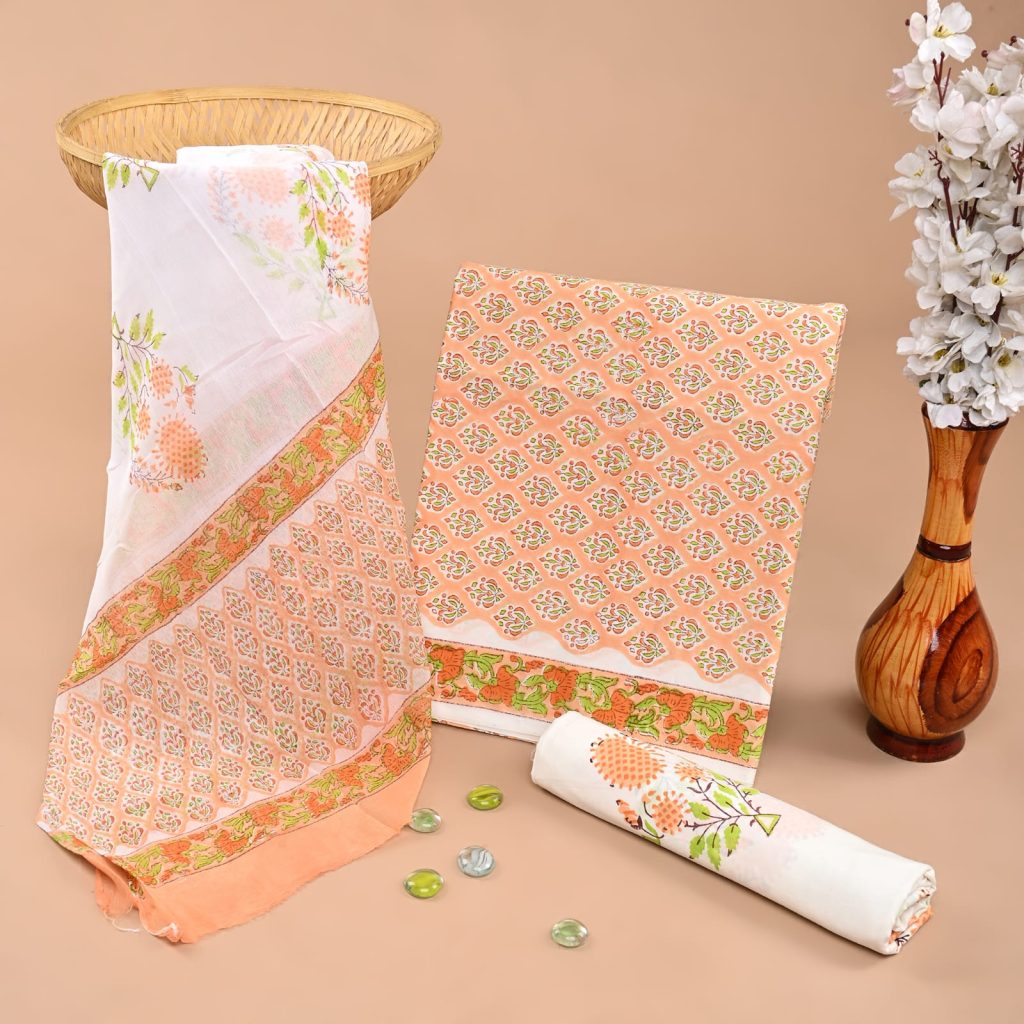 Peach and White Hand Block Printed Cotton Salwar Suit – Summers Fresh Aesthetic