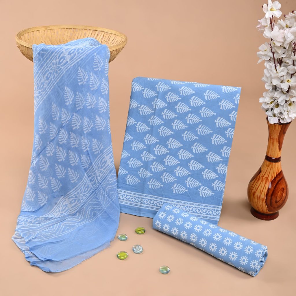 Sky Blue Hand Block Printed Cotton Salwar Suit – Unstitched Elegance