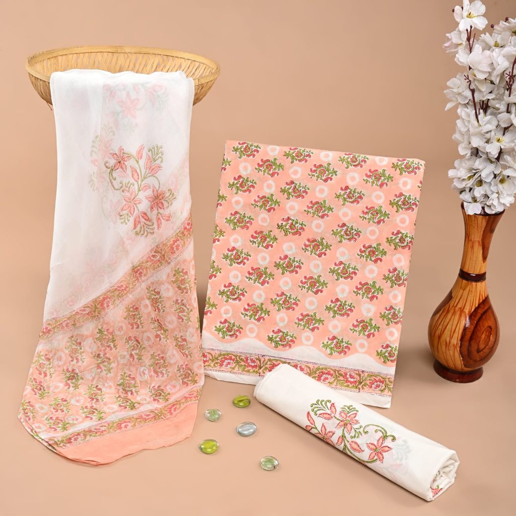 Peach Floral Hand Block Cotton Salwar Suit with Chiffon Dupatta – Summers Whisper