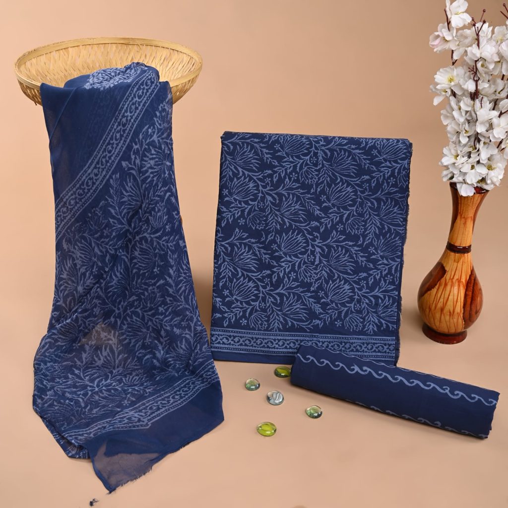 Navy Blue Hand Block Printed Cotton Salwar Suit – Classic Summer Choice