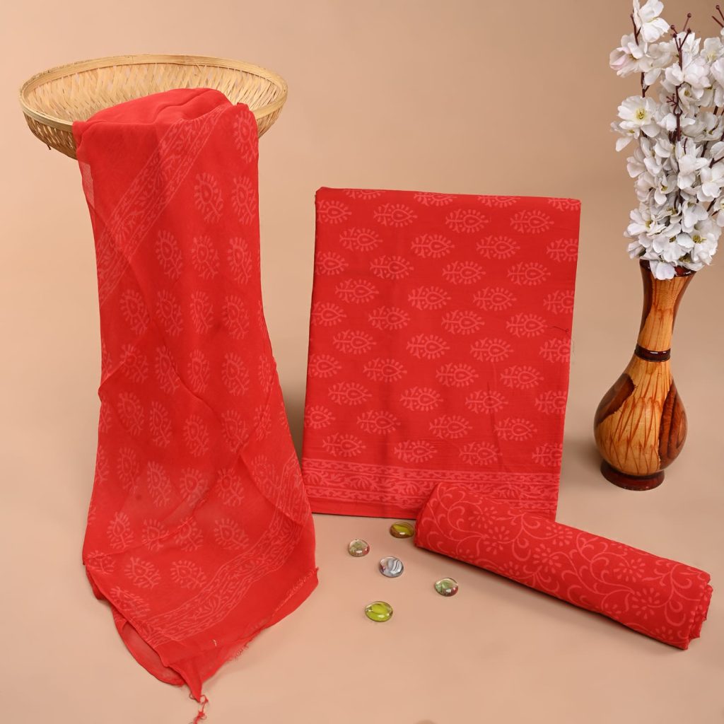 Red Hand Block Printed Cotton Salwar Suit – Summer Unstitched Elegance