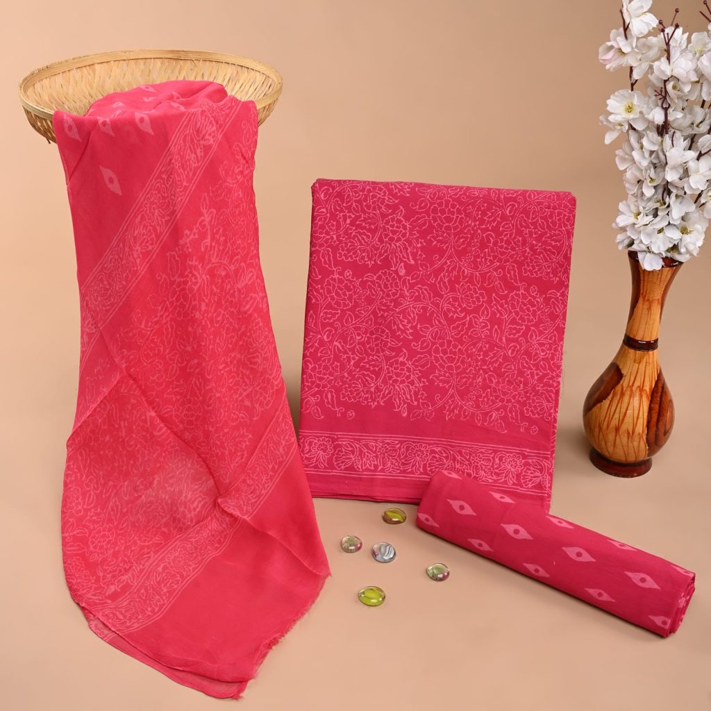 Pink Chiffon Dupatta Cotton Salwar Suit – Hand Block Printed Luxury