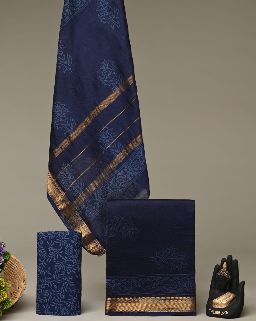 Elegant Navy Blue Maheshwari Silk Suit with Traditional Block Print