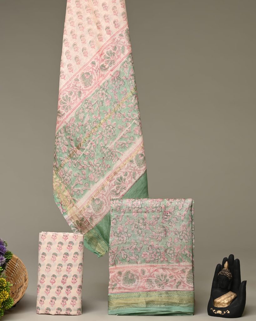 Ethereal Mint Green Maheshwari Silk Suit with Elegant Block Printing