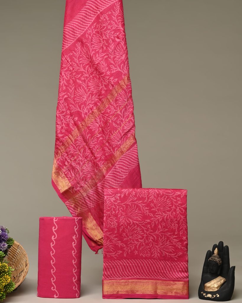 Lustrous Pink Maheshwari Silk Party Wear with Timeless Block Patterns
