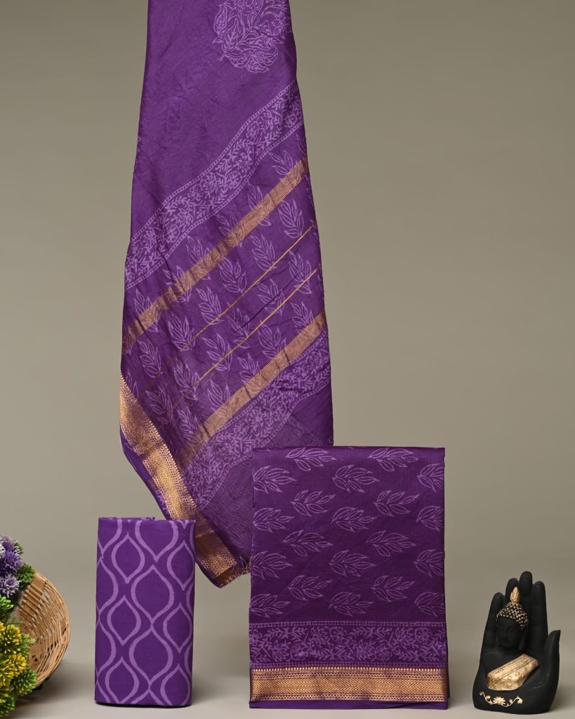 Regal Purple Maheshwari Silk Dress Material with Exquisite Block Design