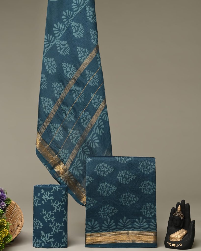 Sophisticated Teal Hand Block Maheshwari Silk Suit for Celebrations