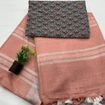 Peach Linen Saree with Hand Block Print