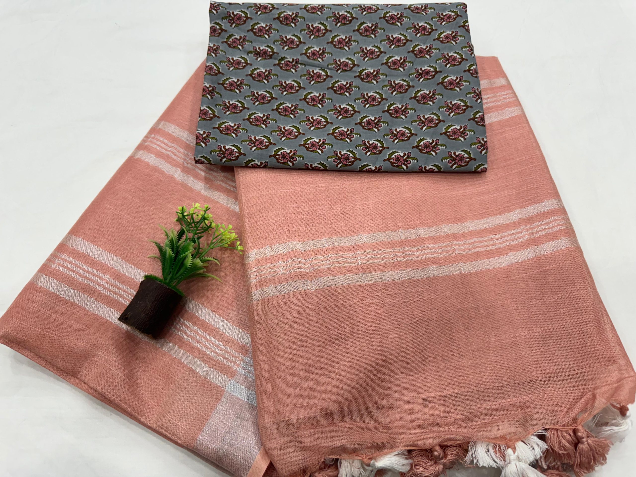 Peach Linen Saree with Hand Block Print