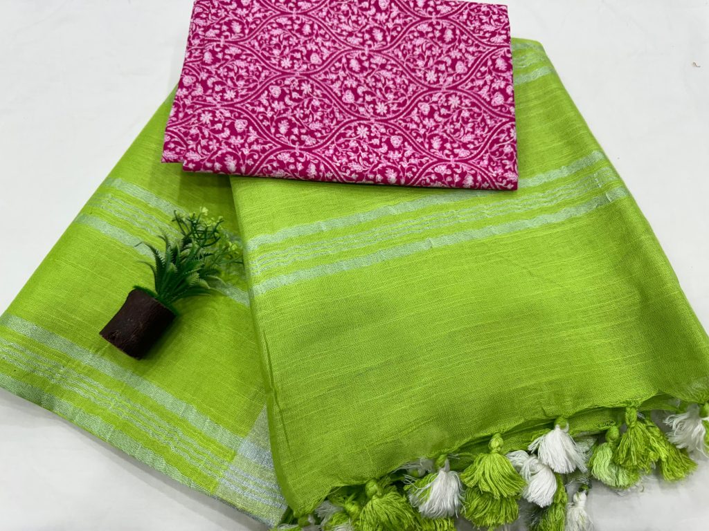 Fresh Green Linen Saree with Exquisite Block Print