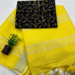 Sunny Yellow Linen Saree with Traditional Block Print