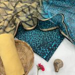 Chic Teal Blue & Mustard Hand Block Unstitched Fabric – Shop Now