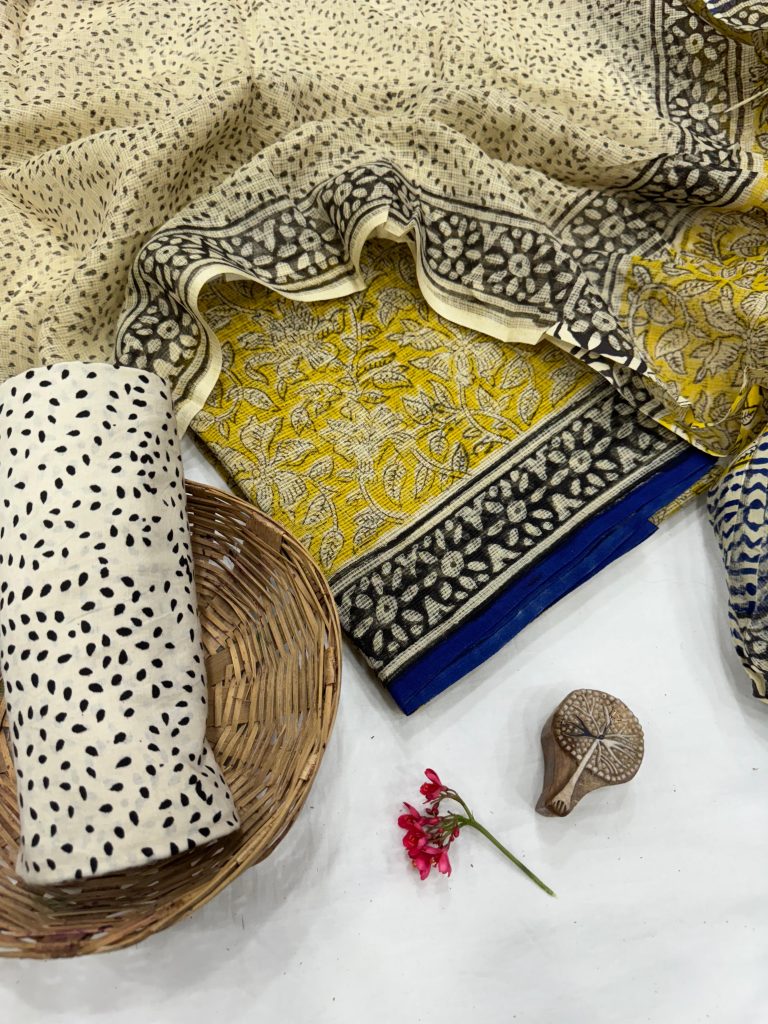 Classic Cream & Yellow Hand Block Print Kota Doria - Unstitched Luxury